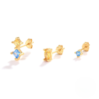 wholesale S925 Sterling Silver Asymmetric Trinity Stud Earrings Set, Amazon Bestseller, Light Luxury Creative Earrings-Gold-Blue Yellow Diamond