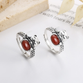 wholesale S925 sterling silver retro stylish fortune cat luck and fortune ring with ruby inlay and unique design-0-0