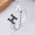 wholesale S925 Sterling Silver Korean-style Elegant Thin Chain Spliced Pearl Letter H Open Adjustable Index Finger Ring for Women-0-0