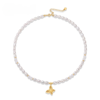 wholesale S925 Sterling Silver Original Design Fashion Creative Butterfly Pendant Women Light Luxury Ins Style Freshwater Pearl Short Necklace-10K gold + swimming paint  925 silver