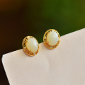 wholesale 925 silver gold-plated hollow floral earrings with certificate, set with zircon and Hetian white jade, for women-0-3