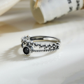 wholesale S925 Sterling Silver Nalan Small Leaf Ring with Black Diamond Setting, Double-Layer Index Finger Design R00931-0-0