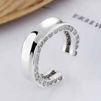 wholesale S925 Sterling Silver Korean-style Minimalist Design Wave Edge Plain Wide Ring with Side Diamonds and Open Adjustable Feature for Women-YFJ615/approx. 4.6g Adjustable opening