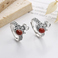 wholesale S925 sterling silver antique craft ethnic Chinese style coin pouch openwork inlaid with southern red agate ring-888FJ/polished about 3.4g>Opening adjustable
