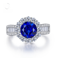 wholesale S925 Sterling Silver New Simulated High Carbon Diamond Luxury Halo Vintage 8mm Round Diamond Ring-R407 Blue Diamond No. 5