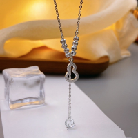 wholesale Silver, Hollow-Out Gourd and Broken Silver Tassel Pendant Necklace, Minimalist Chinese Style Design, High-End Sense Collarbone Chain-Pure silver double gourd tassel necklace (labor price, silver not included)