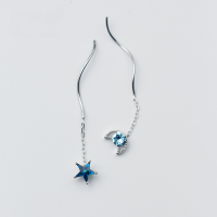 wholesale S925 Sterling Silver Blue Diamond Five-Pointed Star Moon Ear Thread with Diamond Wave Crescent Short Earrings E6221-S925 silver pair 925 silver