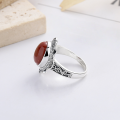 wholesale S925 Sterling Silver Vintage Retro Ethnic Style Oval Red Agate with Elegant Pattern Unique Design Ring-0-2