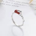 wholesale S925 Sterling Silver Bamboo Knot and Leaf Style Inlaid with Southern Red Agate Ring, Pastoral Design Knuckle Ring-0-1