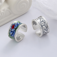 wholesale S925 Sterling Silver Retro Cloisonné Enamel Resin Colored Glaze Lotus Wide Band Adjustable Ring Ethnic Style-YJ685/B approx. 10.3g 925 silver