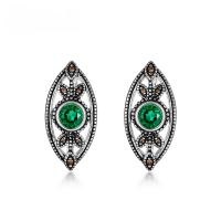 wholesale S925 Sterling Silver with Lab-Grown Emerald Leaf Earrings, Retro Luxury Style, Women's Wholesale from Manufacturer-Cultured Emerald 925 Silver