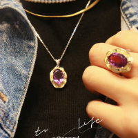 wholesale S925 Sterling Silver Embellished Natural Amethyst Cabochon Pendant, Fashion-Forward and Versatile Necklace, Factory Wholesale-Amethyst Ring