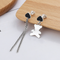 wholesale S925 Sterling Silver Korean Dongdaemun Black Heart Stud Earrings with Chain Fringe Irregular Bear Earrings-0-0