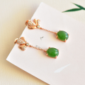 wholesale 925 silver rose gold-plated long earrings with Hetian jade, certified natural green jade earrings for women-0-2