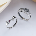 wholesale S925 Sterling Silver Korean-style Love Knot English "Love" Crown Design Pink Stone Accented Adjustable Open Ring-0-0