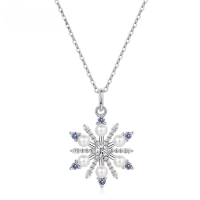 wholesale 925 Silver European and American New Fashion Minimalist Snowflake Pearl Pendant Necklace, Sweet and Elegant Collarbone Chain Christmas Gift-Thick silver platinum (excluding chain)  925 silver