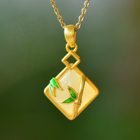 wholesale 925 silver gold-plated enamel bamboo square jade pendant with natural Hetian jade certificate Hanfu necklace accessory-Bamboo Peace Jade Pendant (without chain)