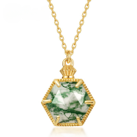 wholesale S925 gold-plated silver dual-sided hexagonal perfume bottle necklace with a new Japanese-inspired lightweight luxury vintage natural green moss pendant-Green Moss (Pendant without chain)  925 Silver