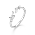 wholesale S925 Sterling Silver Adjustable Leaf Open Ring With Zircon, Trendy And Fresh For Women-0-4