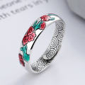 wholesale S925 Sterling Silver Vintage Resin Enamel Floral Pastoral Fresh and Versatile Open Adjustable Ring-0-0