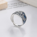 wholesale S925 Sterling Silver Vintage Style Enamel Plique-à-jour Blue Peony Phoenix Exquisite Adjustable Ring-0-1