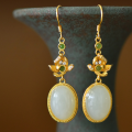 wholesale Sterling Silver with Certificate, Floral New Chinese Retro Style Jade Earrings, Minority Ethnic Style Hetian Jasper Ear Accessories Ear Drops-0-0