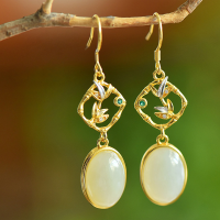 wholesale 925 silver earrings with certificate, new Chinese retro style, inlaid with natural Hetian jade, ear hook earrings-Gold>925 silver