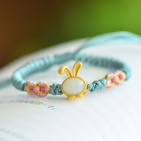 wholesale Gold-plated 925 Sterling Silver with Hetian Jade Inlaid Rabbit Zodiac Flower DIY Hand-Braided Bracelet for Women-Love Model 925 Silver