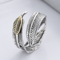 wholesale S925 Sterling Silver Retro Vintage Classic Feather Three-Dimensional Design Leaf Symbol Open Adjustable Ring-YFJ704/5.7g Adjustable opening