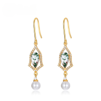 wholesale S925 Sterling Silver Korean and Japanese Fashion Versatile Long Green Moss Tassel Earrings for Women, Exquisite Light Luxury Pearl Ear Hooks Wholesale-10K gold + swimming paint  925 silver