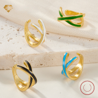 wholesale S925 sterling silver single double-layer enamel clip-on crossover earrings for women without piercings, trendy ins-style-Gold Turquoise (single)  925 Silver