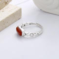 wholesale S925 Sterling Silver Retro Vintage Rectangular Red Agate Literary and Versatile Adjustable Open Ring-0-2