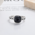 wholesale S925 sterling silver vintage distressed creative square sugar black sandstone open ring Korean-style minimalist index finger ring for women-0-2