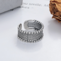 wholesale S925 Silver Retro Distressed Twist Polka Dot Bead Braided Wide Minimalist Niche Design Open Adjustable Ring-0-2