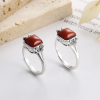 wholesale S925 Sterling Silver Square Flower Pattern with Southern Red Agate Ring, Retro Ethnic Style-882JM/polished about 3.3g Opening adjustable