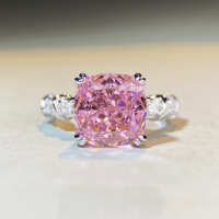 wholesale S925 silver same style as Xiaohongshu pink diamond ring, minimalist crossover ring, four-prong square diamond ring for women, simple and fashionable design-Yellow Diamond-CBJZ230>8