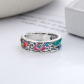 wholesale S990 Silver Ethnic Style Drip Glaze Colored Lotus and Koi Openwork Matte Adjustable Ring-0-1