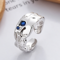 wholesale S925 Sterling Silver Korean Style Minimalist Design Textured Bubble Surface Blue Zircon Open Adjustable Ring for Women-0-0