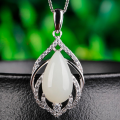 wholesale 925 Sterling Silver Inlaid White Jade Pendant with Certificate, Wholesale Retro Ethnic Style Hetian Jade Waterdrop Necklace, Hollow-Out Women's-0-0
