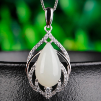 wholesale 925 Sterling Silver Inlaid White Jade Pendant with Certificate, Wholesale Retro Ethnic Style Hetian Jade Waterdrop Necklace, Hollow-Out Women's-White jade 8*14mm pendant (without chain) >925 silver