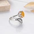 wholesale S925 Sterling Silver Vintage Style Small Fox Amber Beeswax Stone Trendy Chinese-inspired Adjustable Ring-0-4