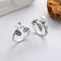 wholesale S925 sterling silver vintage pearl-inlaid leaf-shaped open ring, fresh pastoral style luxury index finger ring-0-0