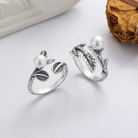 wholesale S925 sterling silver vintage pearl-inlaid leaf-shaped open ring, fresh pastoral style luxury index finger ring-1045JM/A model: about 3g&gt; opening adjustable