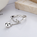 wholesale S925 Sterling Silver Korean-style Ins Hollow Clover Spliced Tassel Ball Chain Niche Open Ring-0-3