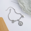 wholesale S925 Sterling Silver Beaded Chain with Vintage Prince Coin, M Letter, and Heart Charm Bracelet-0-1
