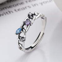 wholesale S925 Sterling Silver Korean-style Creative Niche Design Blue Purple Zircon Inlaid Chain Open Adjustable Ring-YJ638/approx. 2.9g Adjustable opening