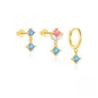 wholesale S925 Sterling Silver Round Colorful Opal Marquise Zircon Ear Hinges Hoop Earrings Stud Set-Set of 3 - Gold#1 925 Silver