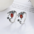 wholesale S925 Sterling Silver Vintage Leaf and Floral Design with Inlaid Southern Red Agate Ring, Pastoral Style Index Finger Ring-0-1