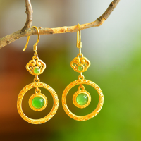 wholesale Gold-plated 925 Silver Certificate Ethnic Vintage Style Jade Earrings, Ruyi Openwork Inlaid with Hetian Jasper-Jadeite Hollow Ruyi Earrings 925 Silver