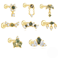 wholesale S925 Sterling Silver Geometric Flat Head Threaded Ear Cartilage Stud With Zircon And Natural Moss Agate, European-american Luxury Style-0-0